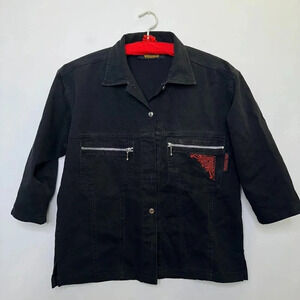 Vintage Harley Davidson Black Denim 3/4 Sleeve Shirt Paisley Zip Size M AS IS